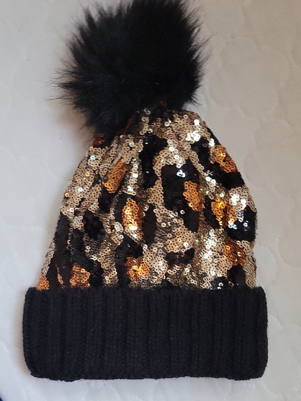 Kids Sequin Leopard Pom Beanie - Black and Gold